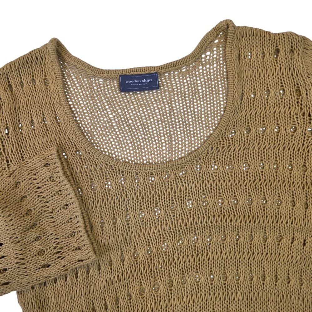 Wooden Ships Women M/L Sweater Mustard Yellow Open Knit Scoop Neck 3/4 Sleeve